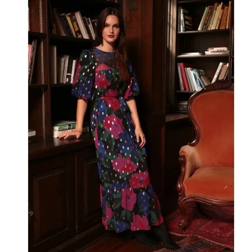 DONNA MORGAN Chiffon Puff Sleeve Gold Foil Dress Size 12 Black Blue Pink